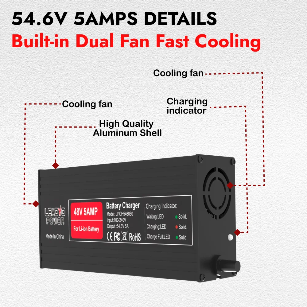 54,6V 5A Ladegerät Lithiumbatterie für 48V 13S Li-io Ebike mit DC2.1 XLR-3PIN M16 Stecker Aluminiumgehäuse 48V Smart Schnellladegerät