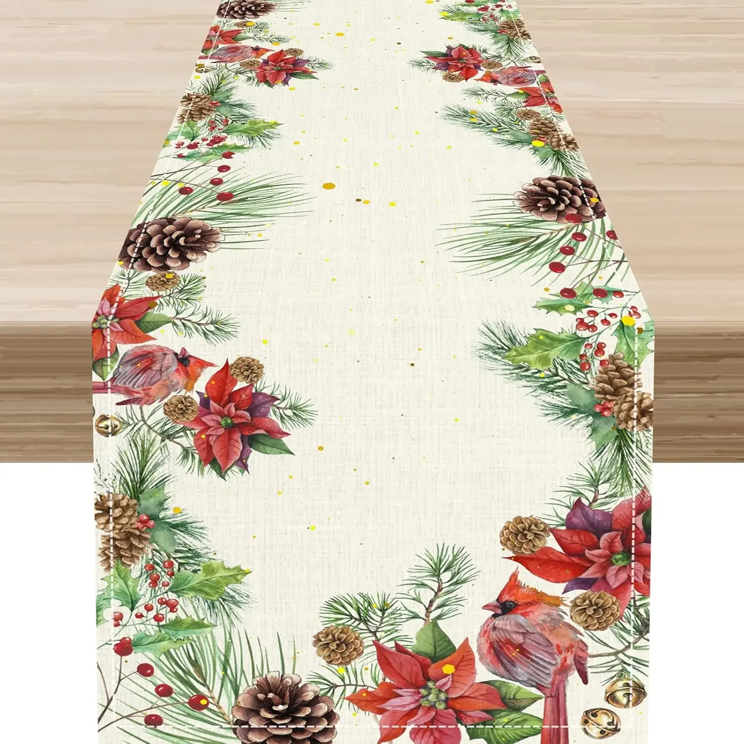 1Pc Christmas Style Table Runner Beige Pinecone Cardinal Poinsettia Print Table Cover For Dining Kitchen Party Decoration Tablet