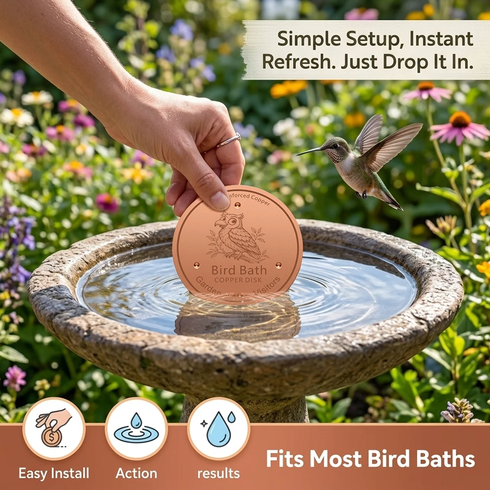 Engraved Copper Bird Bath Disk for Garden Water Features, Weather Resistant Owl Design Outdoor Pet Drinking Bowl