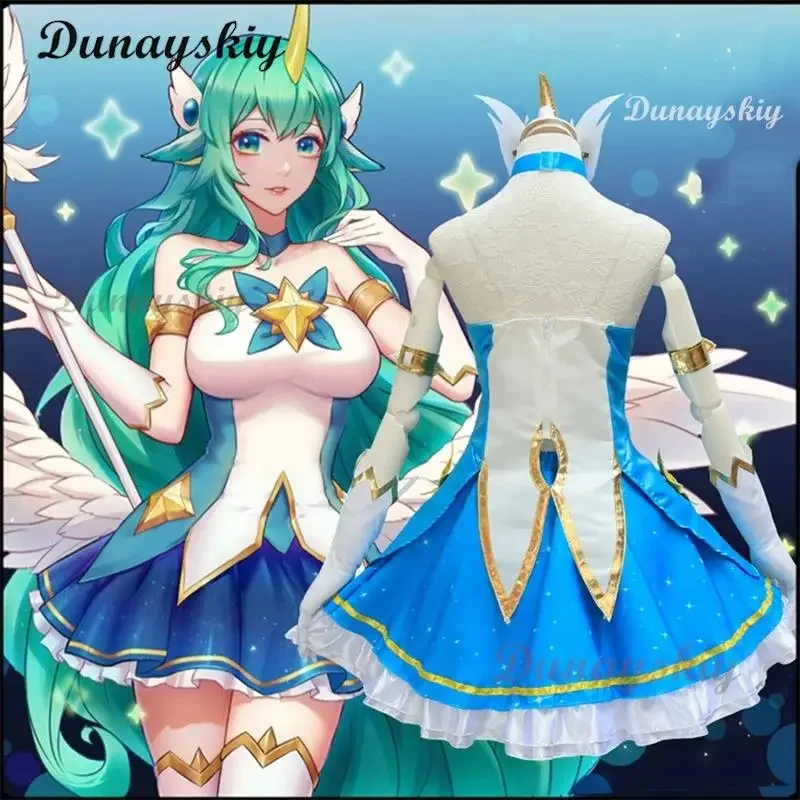 LOL jogo LOL fantasia de cosplay para mulheres, guardiã estrela de Soraka, peruca, orelhas, chifre, anime, vestido lolita, terno verde, halloween, sexy