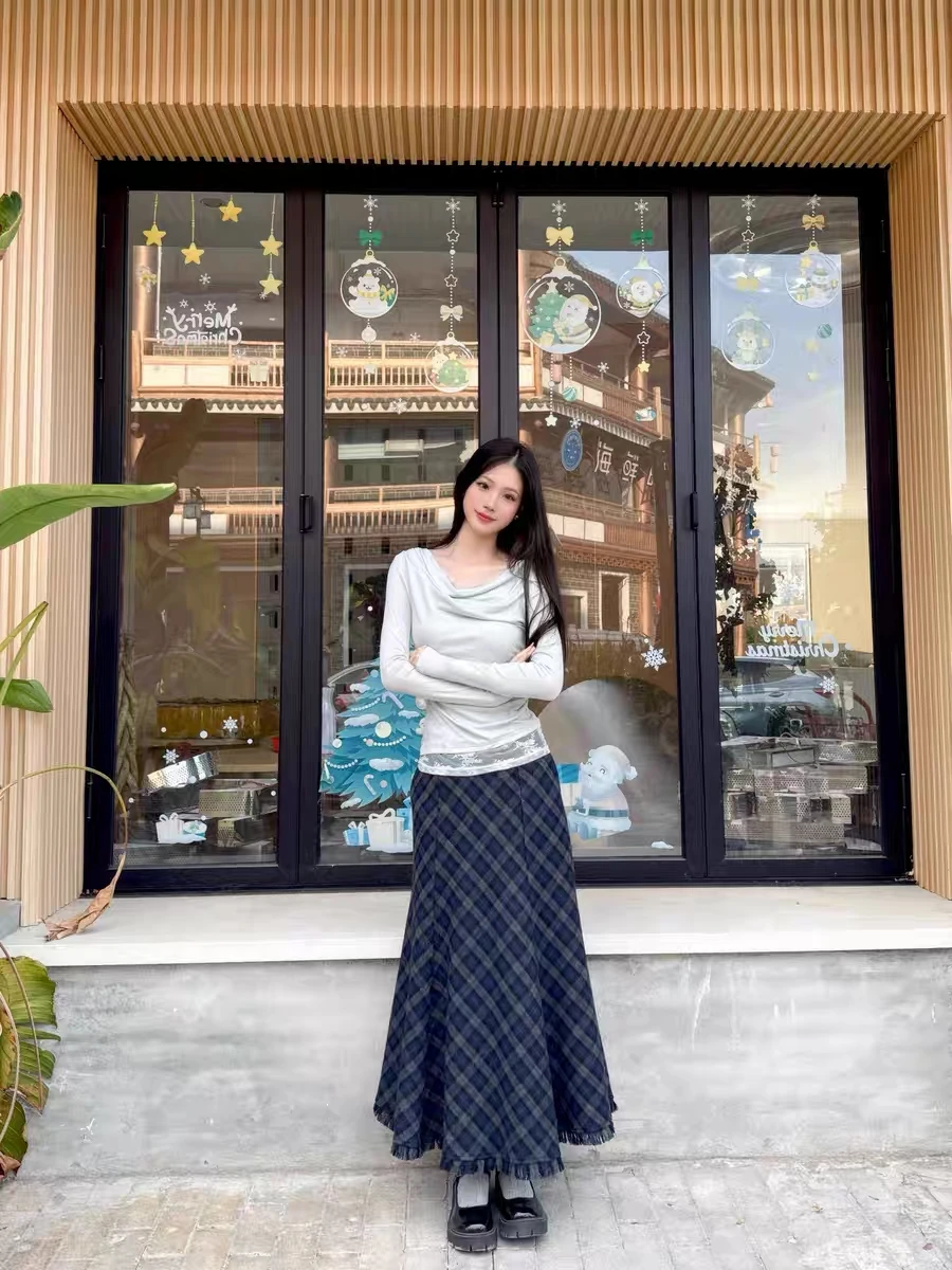 

Ретро-корейская шерстяная юбка в клетку с бахромой, женская элегантная универсальная драпированная юбка А-силуэта, длинная повседневная юбка с высокой талией