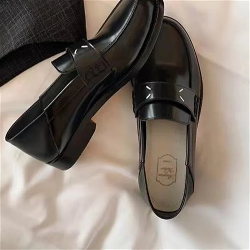 Sewing Lines Shoes for Women Leather Lady Mid Heels Female Loafers Solid Tacones Shallow Chassure Femme Stitching Zapatos Mujer