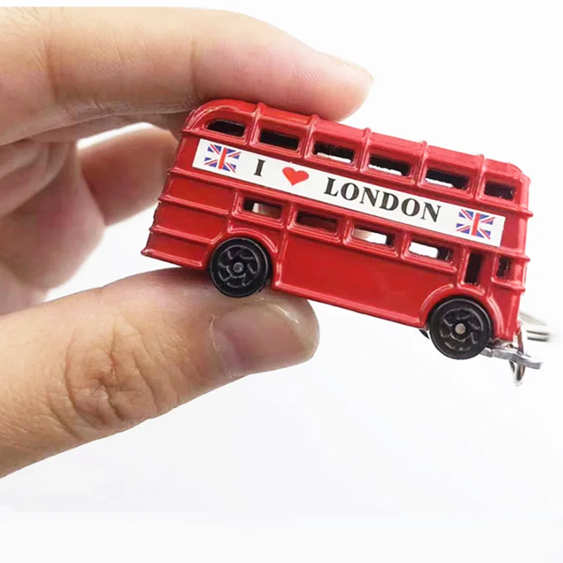 New Personality Fashion Creative Phone Booth Double-decker Bus Metal Car Bag Key Ring Suitable For Men And Women Key Chain Penda