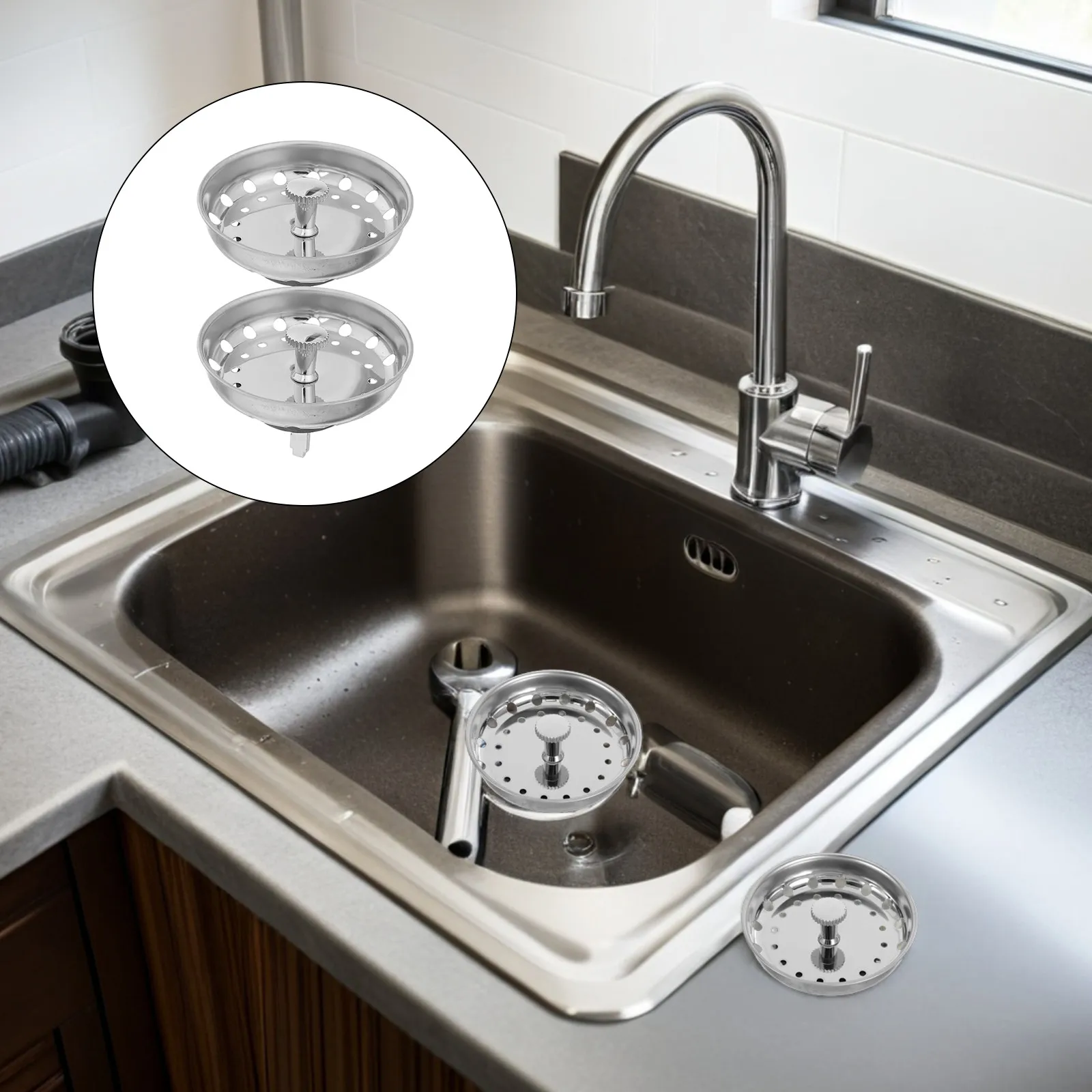 

2Pcs Stainless Steel Kitchen Sink Basket Strainer Replacement Drain Stopper Rubber Bottom Clog Resistant Spring Clip Drain