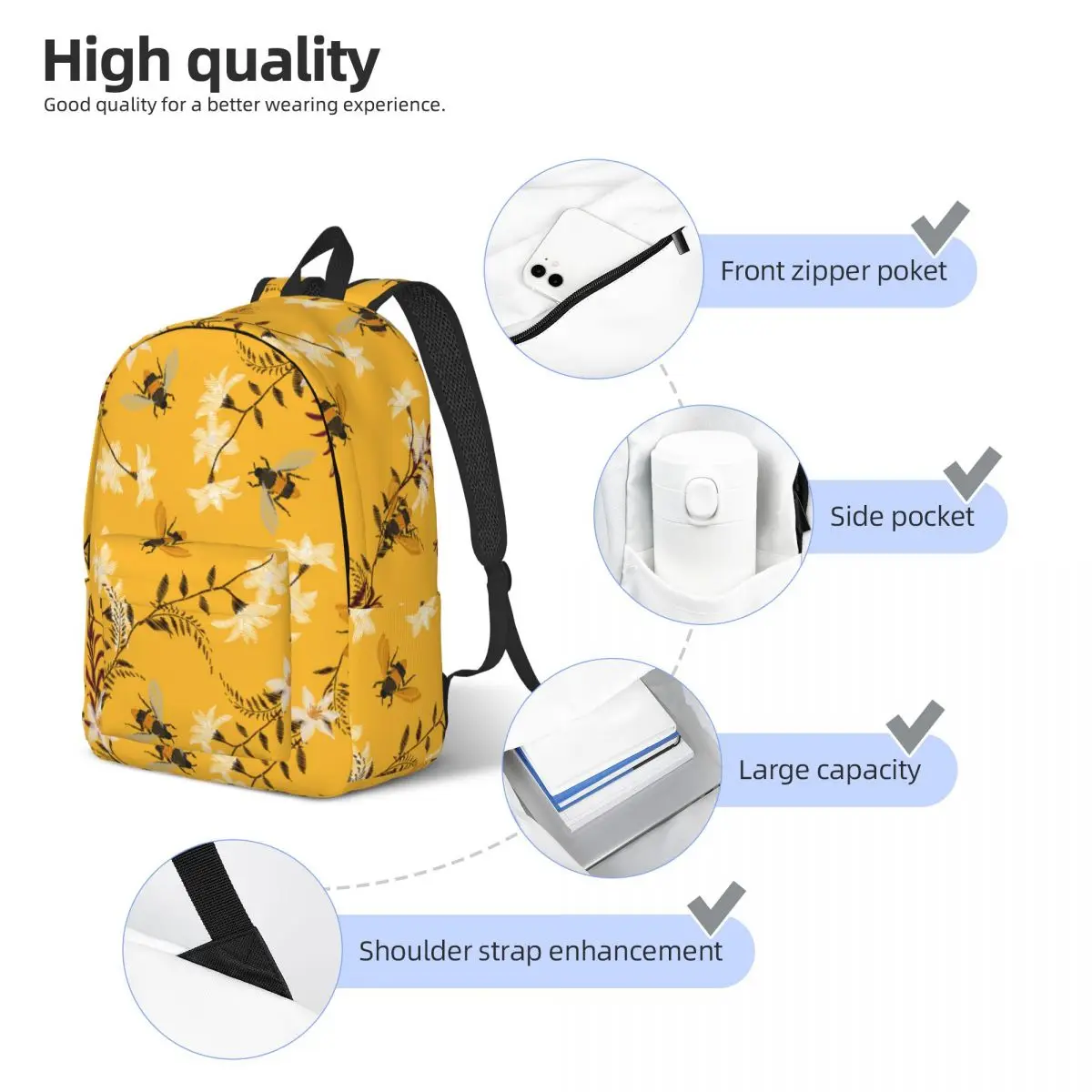 Men Women Backpack Large Capacity School Backpack for Student Hand Drawn Honey Bee Animals School Bag