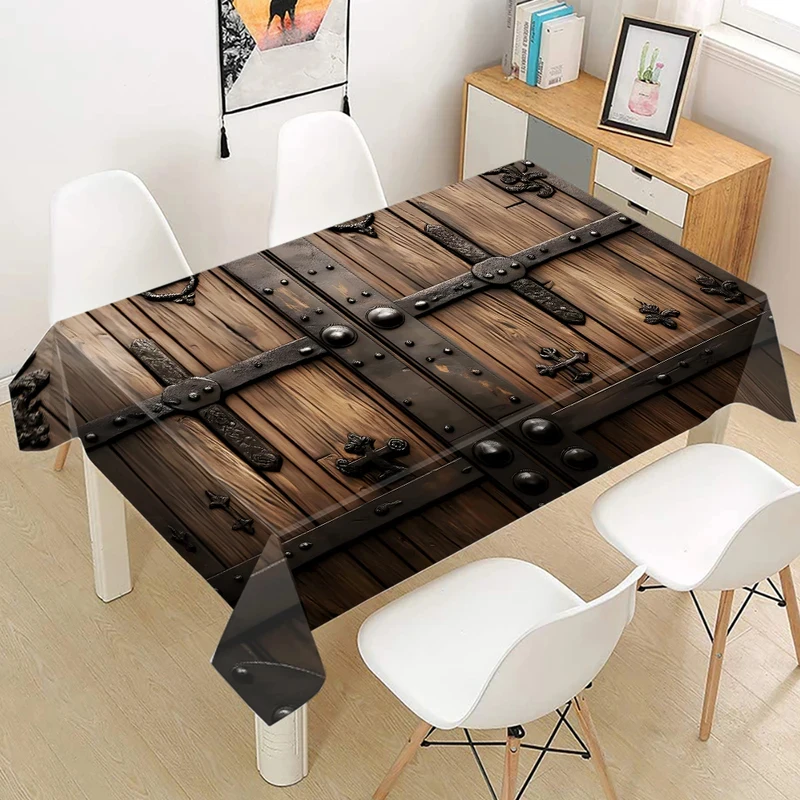 VIKAMA Retro Wood Plank Table Cloth Antique Iron Hardware Pattern Waterproof Easy Clean Country Home Kitchen Decor Table Cover