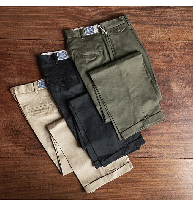 Non Stock Men's Vintage Single Pleat Trousers Pure Cotton Twill High Waist Wide Leg Cuffed Chinos Casual Workwear Dress Pants