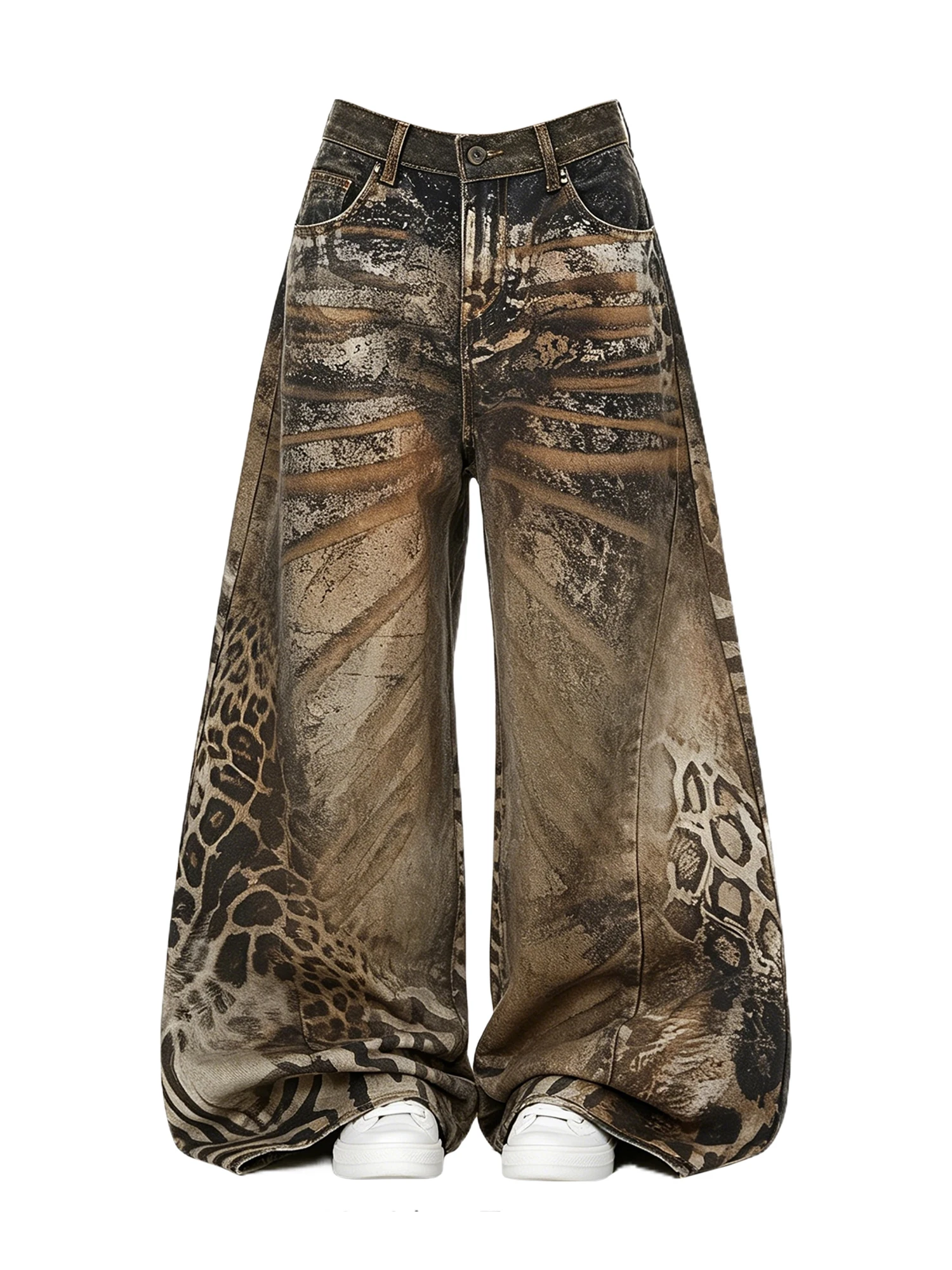 Women's Brown 3D Print Leopard Jeans Vintage Hiphop Grunge Y2k Gyaru Punk Jeans Pants Baggy Wide Denim Pants Alternative Clothes view 2