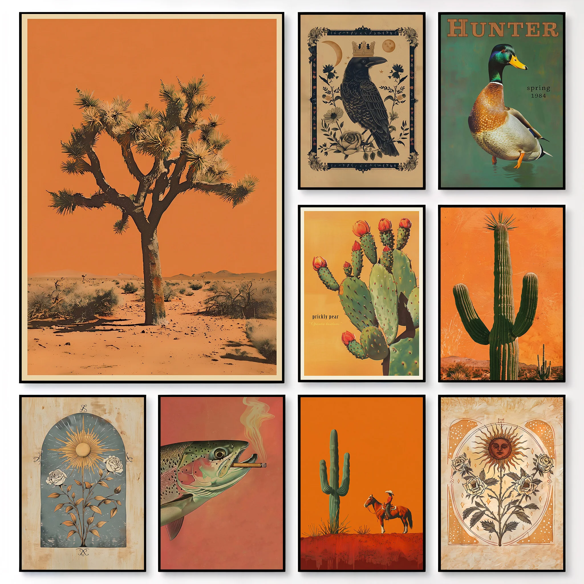 Vintage Animal Wall Art Set Smoking Deer Cat Poster Retro Western Desert Cactus Canvas Print Eclectic Home Decor Aesthetic Gift