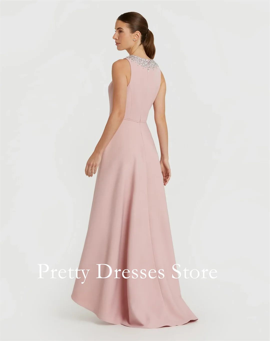 Blush Crepe Embellished Neck High Low Gown Evening Dresses Sleeveless Customized Party Prom Gowns Formal vestidos de fiesta
