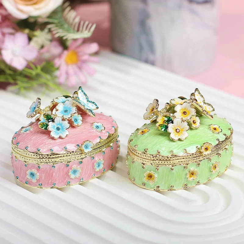 Cherry Blossoms Trinket Box Vintage Flower & Butterfly Enamel Jewelry Storage Case Handmade Ring Earring Storage Creative Gift
