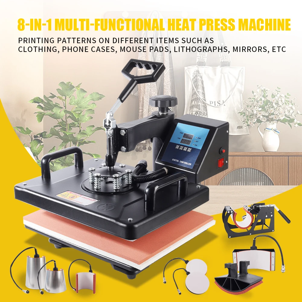 Cheap 30*38CM 8 in 1 Combo Heat press Machine Sublimation Printer 2D Heat Transfer Machine for Cap Mug Plate Tshirts CE Approved