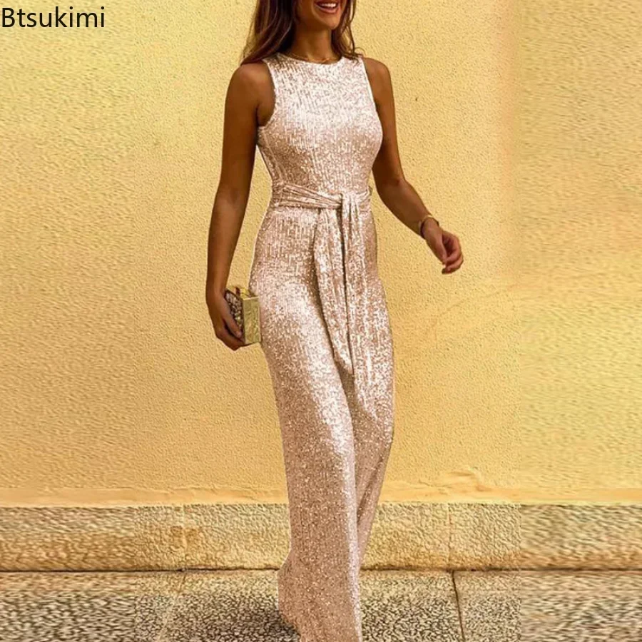 New 2025 Women Elegant Sleeveless Sequined Glitter Shiny Jumpsuit Trousers Wide Leg Pants Sexy Backless Jumpsuit Romper Overalls