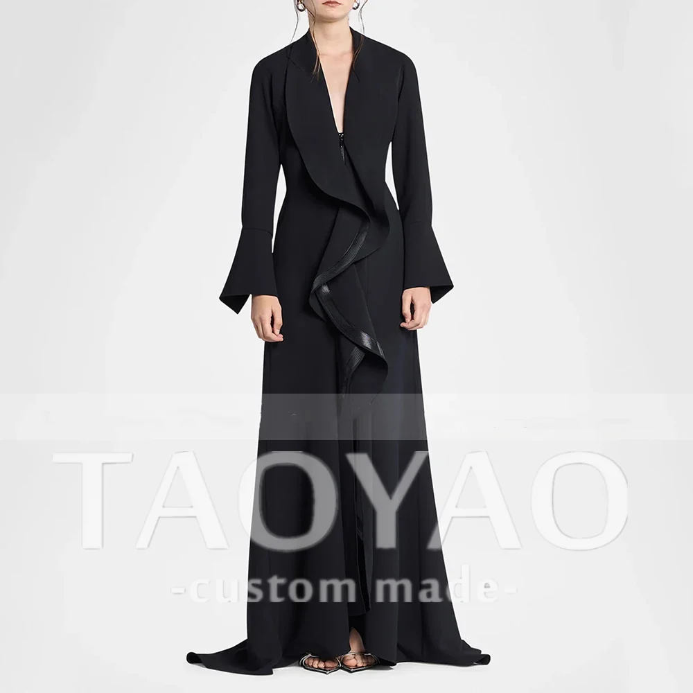 

Evening Dress Long Sleeves Deep V Neck Ruffle 2025 Women's Mermaid Evening Party Gowns Black Jersey Wedding Guest Dresses