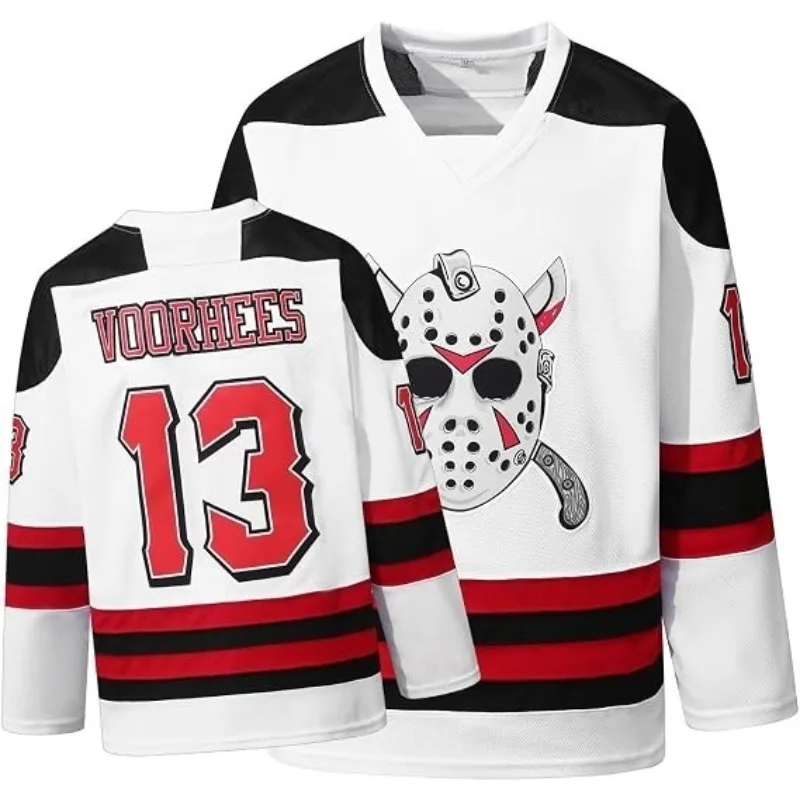 Camiseta de hockey sobre hielo con estampado 3D de temática de terror, modelo Voorhees 13, unisex, blanca con rayas rojas y negras, de manga larga, transpirable, ideal para Halloween y para practicar deportes.