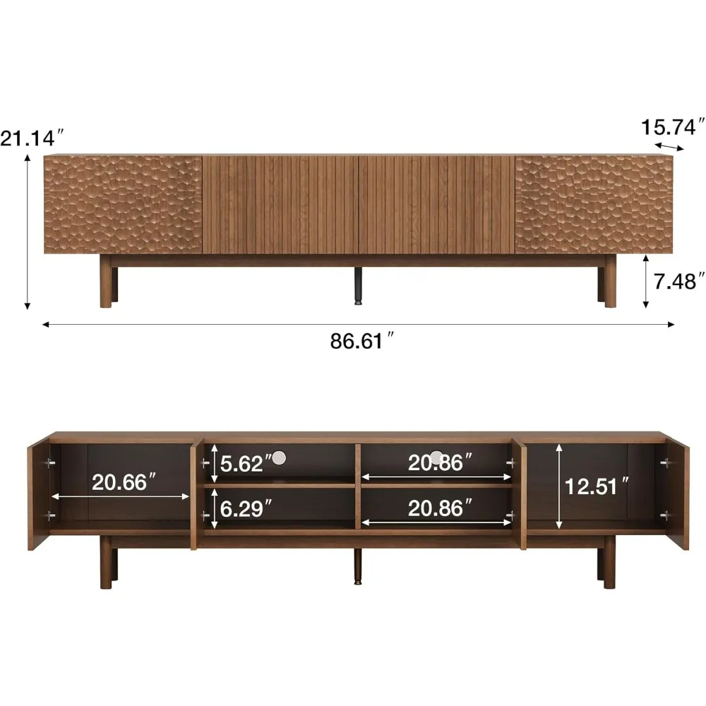 حامل تلفزيون حديث من منتصف القرن مقاس 86.61 بوصة، مركز ترفيه من خشب الجوز لأجهزة التلفاز حتى 85 بوصة، وحدة تحكم للوسائط مع خزائن تخزين