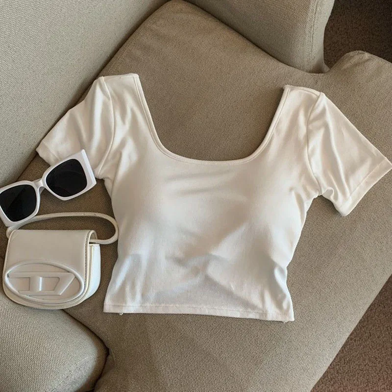 Cotton Square Neck T-Shirt Women Summer Solid Korean Casual Slim Crop Tops Female Fashion Streetwear Simple Basic All-Match Tees