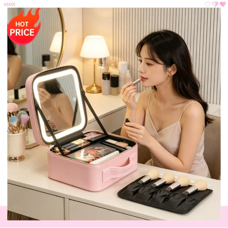 3 Color Train Case Mirror, White Portable Makeup Case Waterproof Organizer with Adjustable Dividers, Cosmetics Storage Case Gift