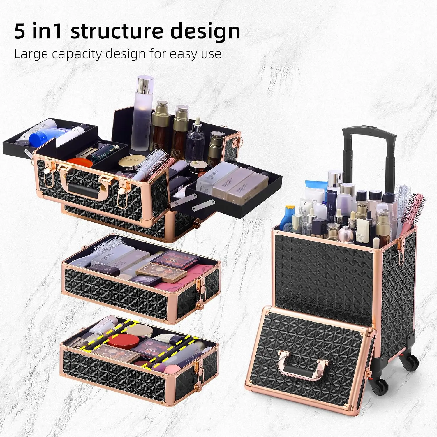 Rolling Makeup Case Makeup Train Case With Lid 5 In 1 Cosmetology Case On Wheels Large Makeup Organizers Professional Cosmetic Case For Salon Barber Black Gold view 4