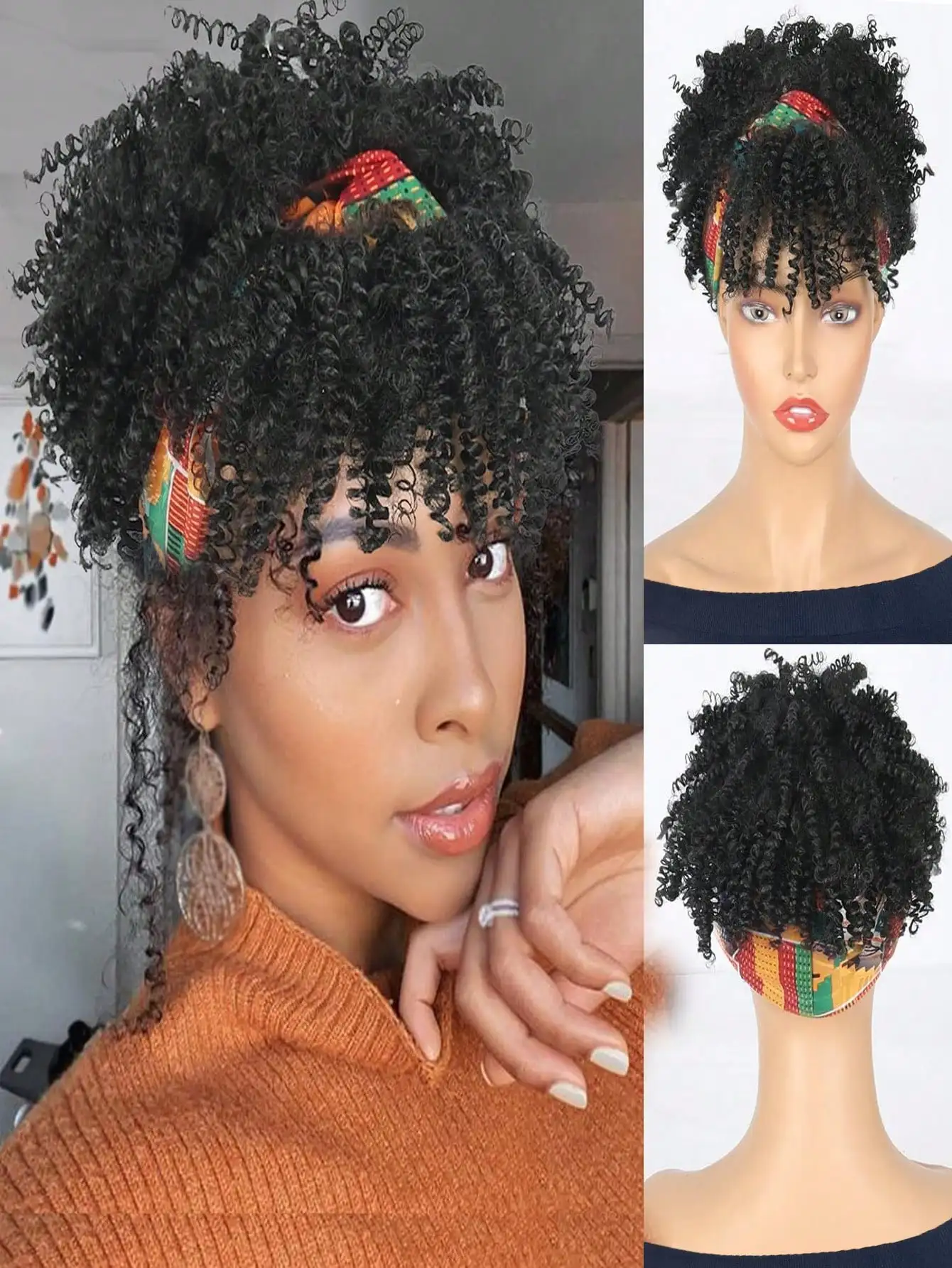 Black Headband Wig with Bangs for Afro Curly Wig, Headband Attached, Synthetic Short Kinky Hair Wigs, Natural Black Afro Wig