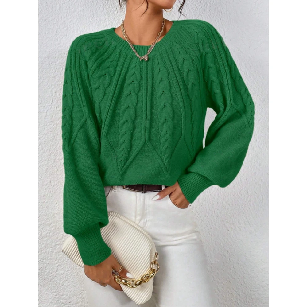 

2025 Women's Christmas Knitting Sweater Round Neck Fried Dough Twists Lantern Sleeve Top Loose Winter Pullover Outfit Gift
