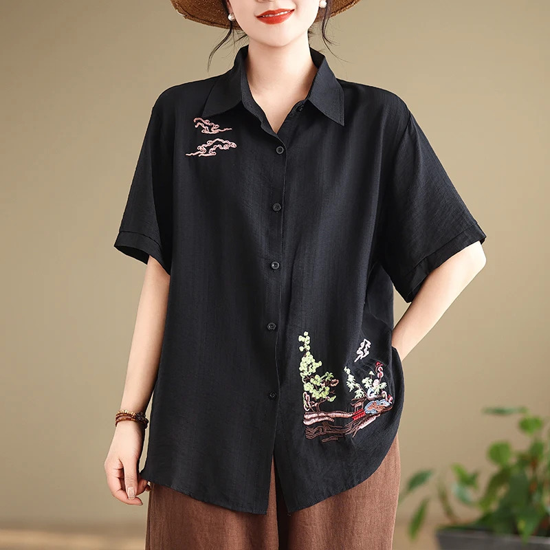 Summer New Heavy Embroidery ort Sve Loose Slimming Fat MM Belly Covering up Top Turn-down Collar Open Cardigan ort Sve