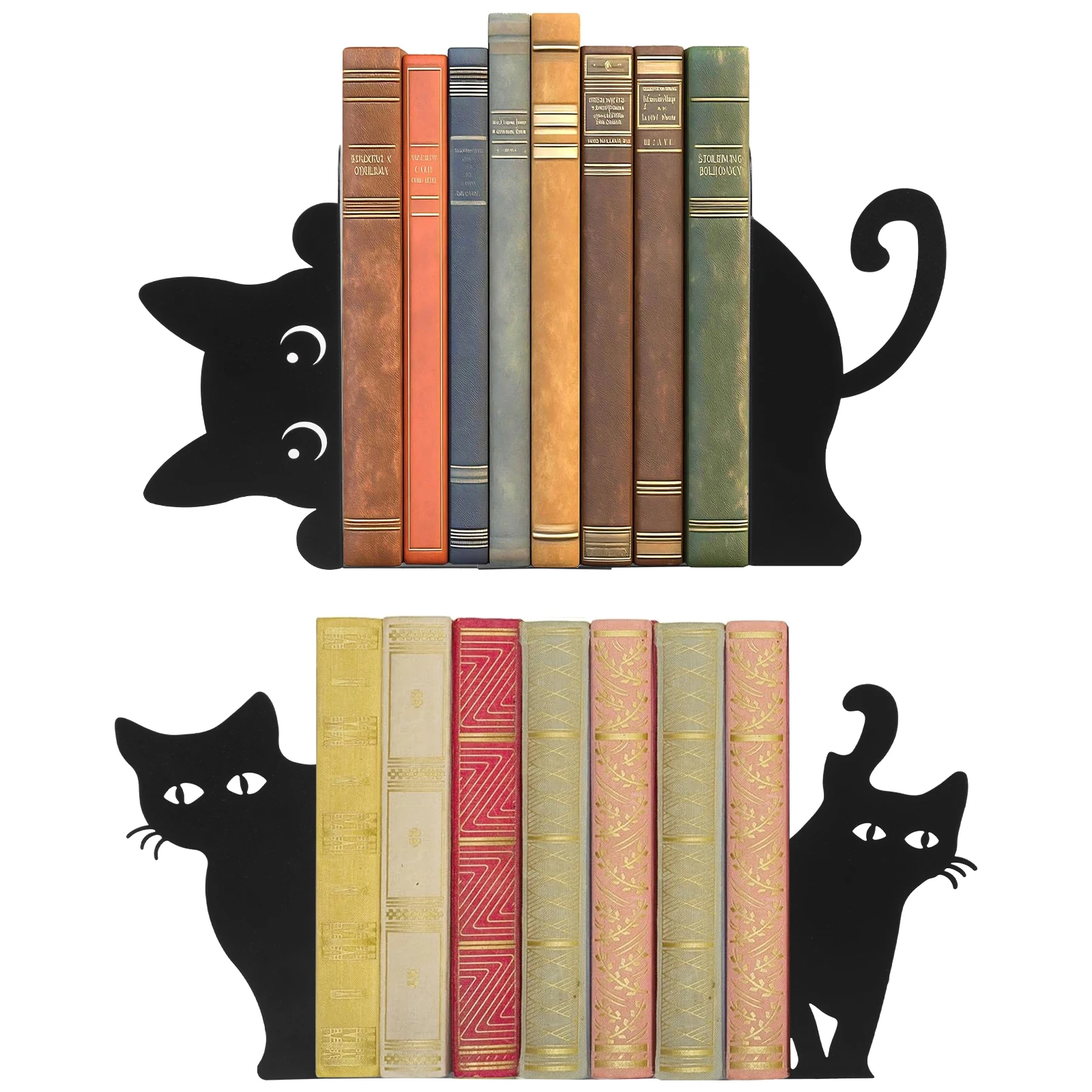 1/2 Pares de Sujetalibros Metálicos de Gato Espía, Bonitos Sujetalibros de Gato con Soporte Estable, Decorativos para Estanterías y Escritorios, para el Hogar y la Oficina
