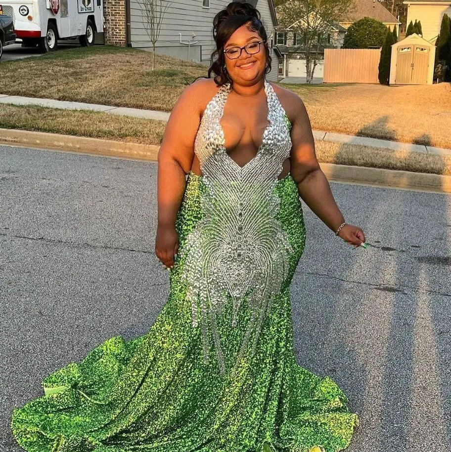 Vestido de baile tamanho grande para mulheres, fruta verde, prata brilhante, cristal diamante, menina negra, vestido de rainha de aniversário