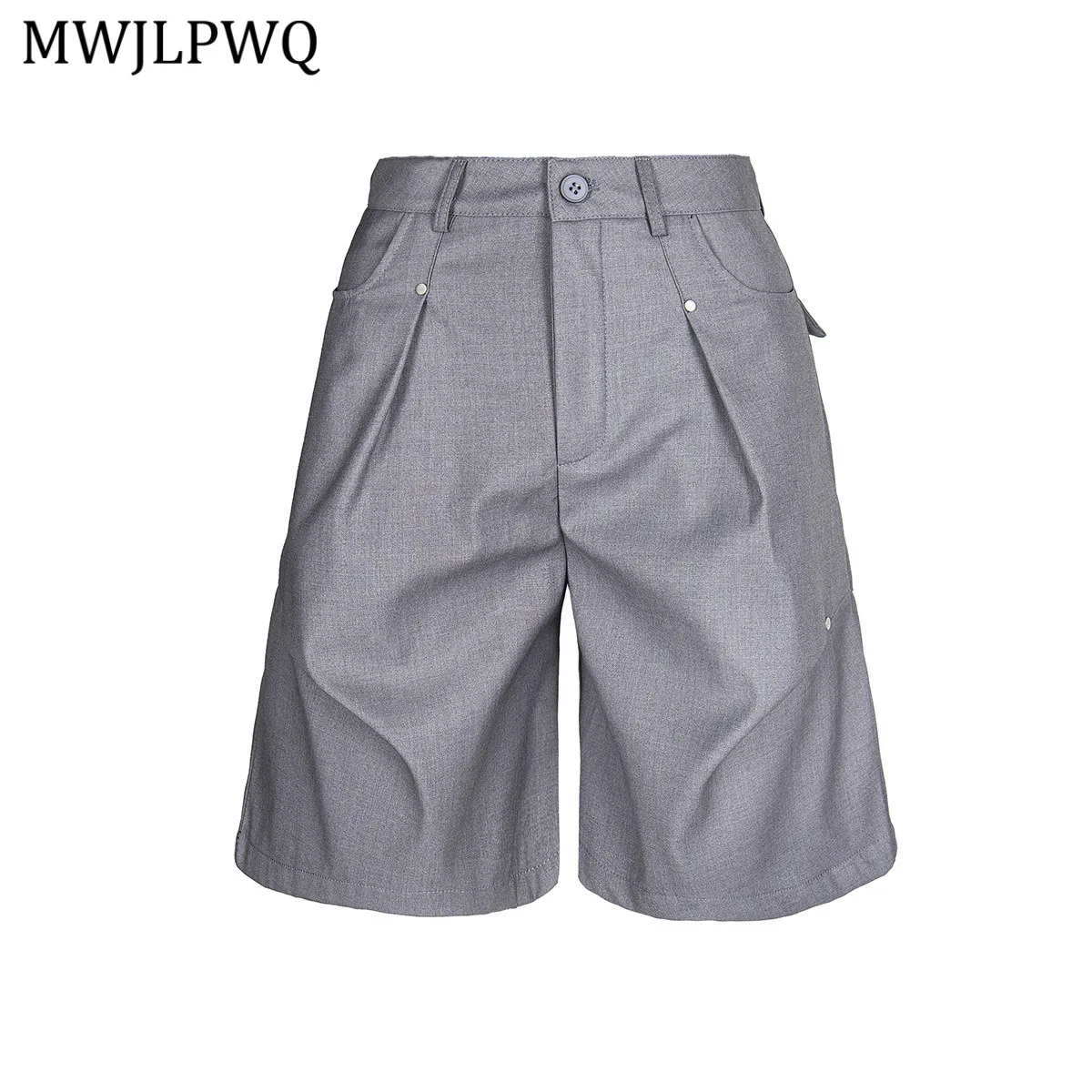 

MWJLPWQ Trendy Pleated Rivet Design Suit Shorts For Men High Street Summer Solid Color Loose Straight Five Unisex Pants 20913