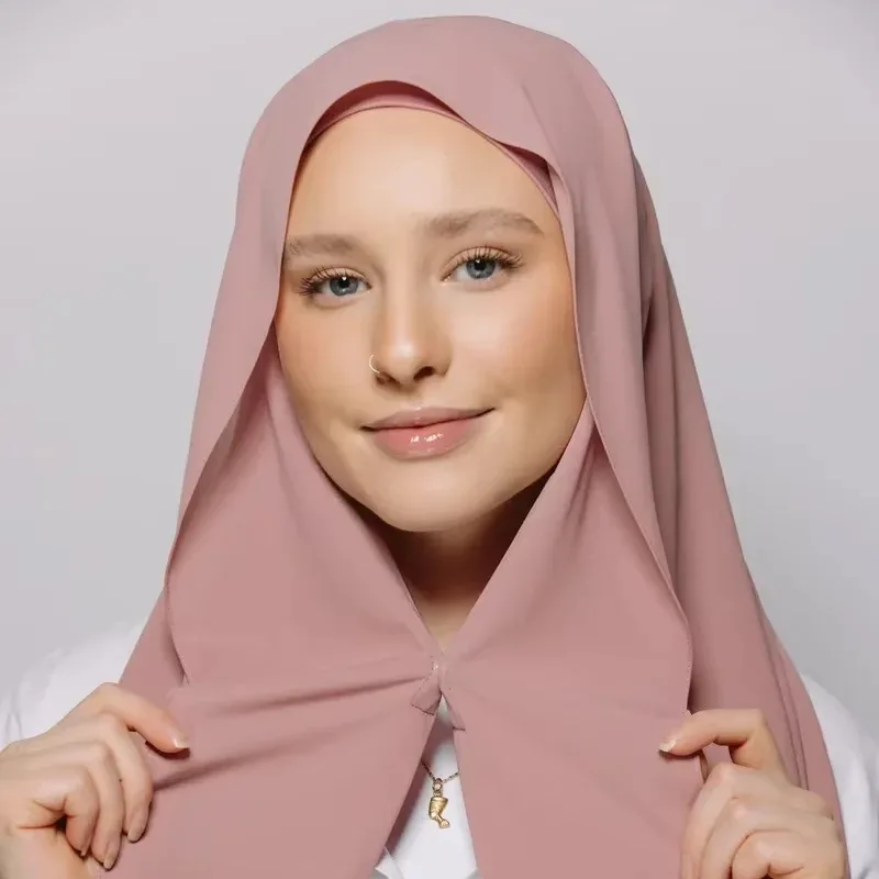 Chiffon Instant Hijab With Bulit-in Magnets Muslim Woman Hijab Solid Color Easy To Wear Shawl Wrap With Undercap Famme Headscarf