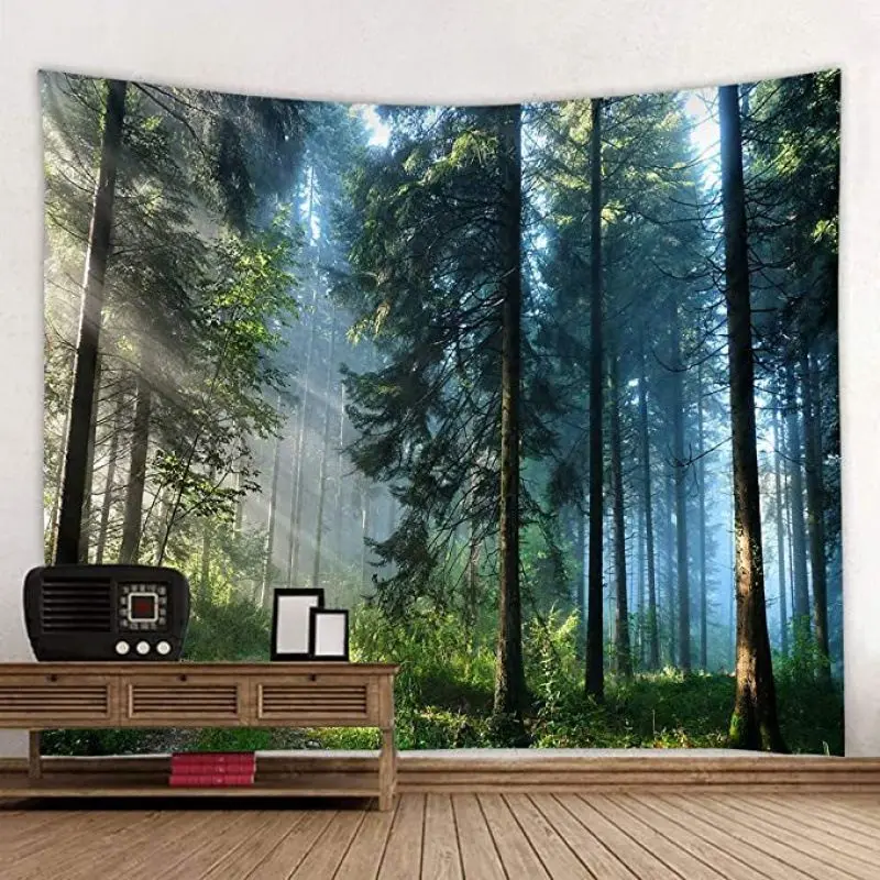 VIKAMA Morning Light Mist Pine Forest Tapestry, Primitive Forest Photography Wall Hanging for Bedroom Living Room Decor