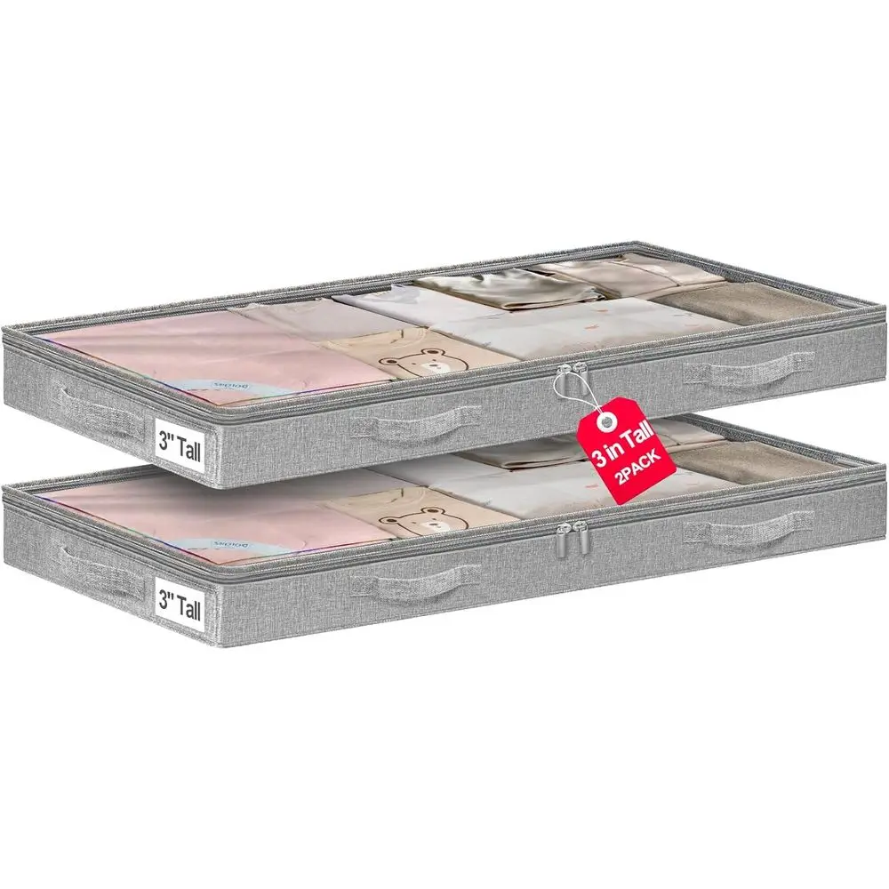 

3 Inch High Under Bed Storage Boxes with Clear Lids, Slim Clothes Organizers for Sofa, Dorm, or College Beds, 40x20x3 inches, 2