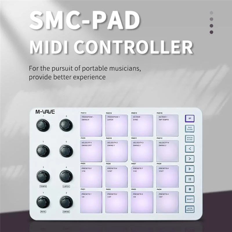 

ABKI-M-VAVE Беспроводная MIDI-пад Bluetooth MIDI-контроллер, 16 платов и 8 сменных ручек, портативный USB-C с встроенным аккумулятором