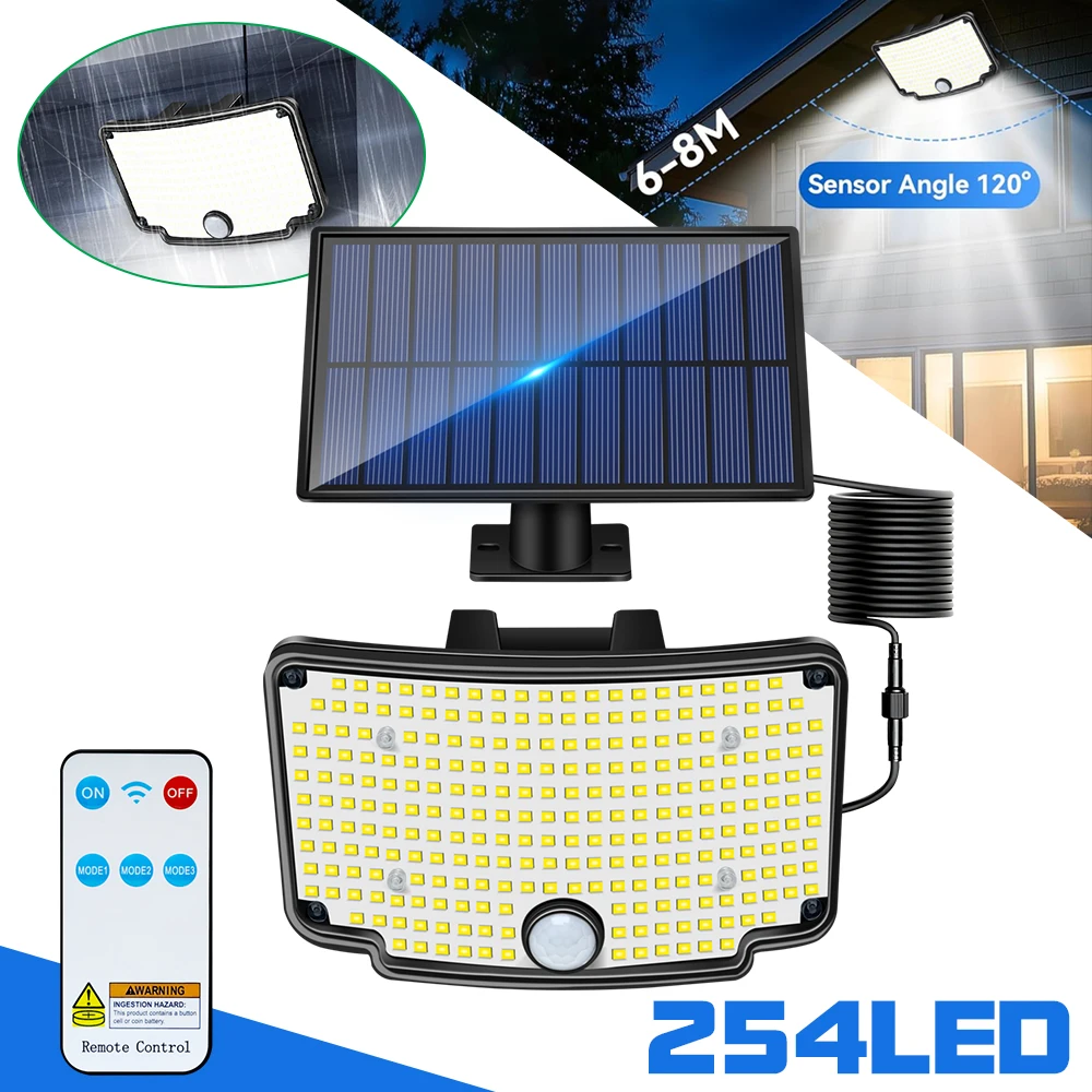 254 luces LED de movimiento solares para exteriores con control remoto IP65 impermeables 3 modos de trabajo luces de inundación alimentadas para jardín exterior