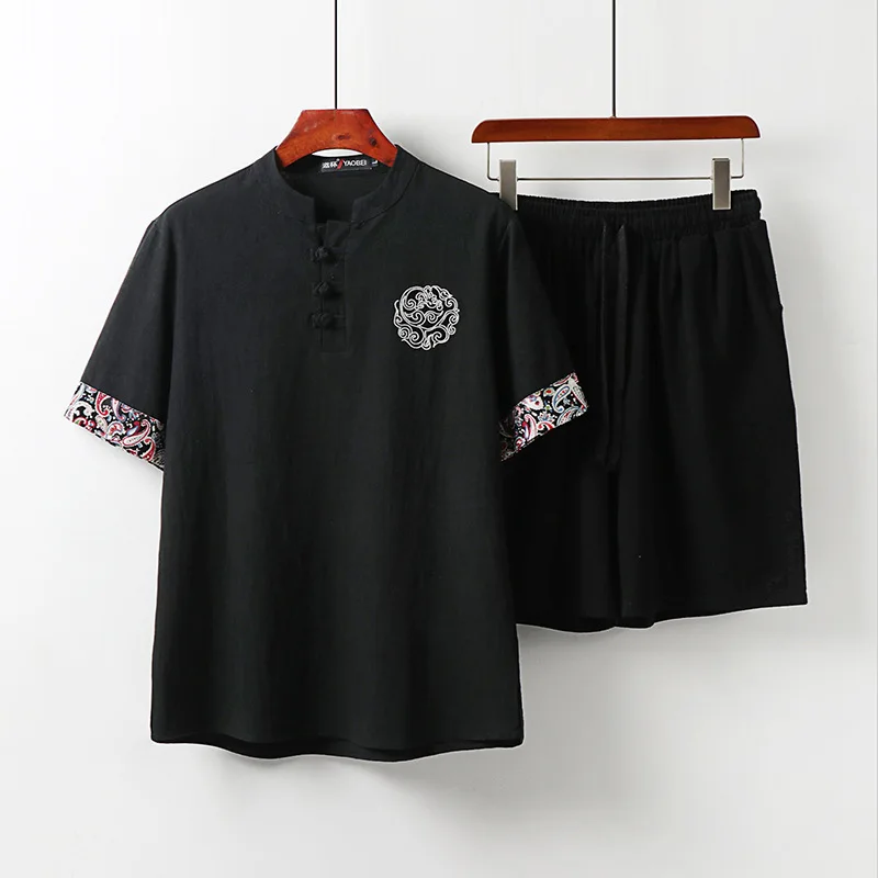 Elegant Short Sleeve T-Shirt Tang Suit Men's Plus Size Linen Cotton Hanfu Large Size T-Shirt Set with Wind Disk Buttons
