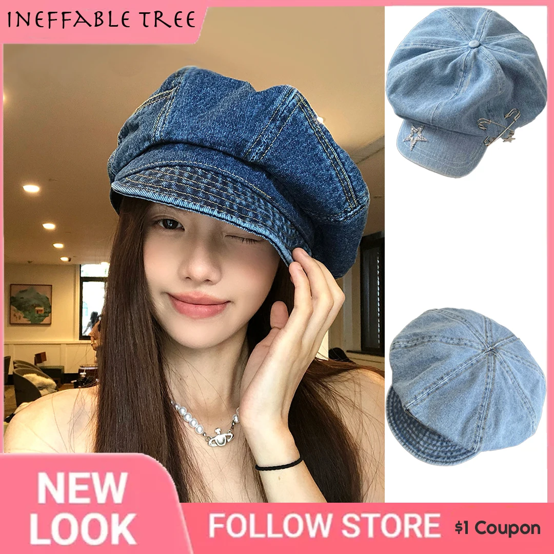 Big Head Flash Diamond Star Pin Denim Beret Hat for Women Spring Summer Retro Octagonal Short Brim Newsboy Cap Boinas Para Mujer