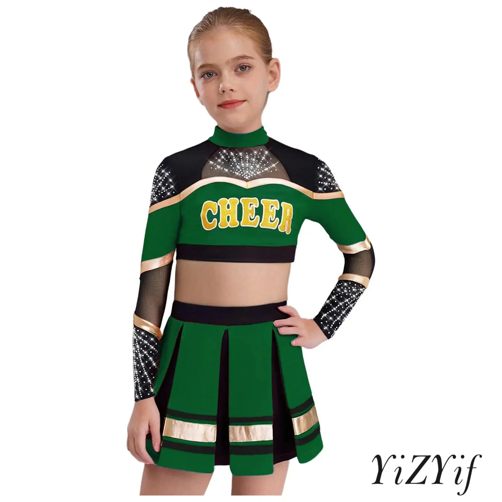

Kids Girls Cheerleader Dance Clothing Set Sheer Mesh Patchwork Crop Top with Pleated Skirt Schoolgirls Cheerleading Uniform Wear