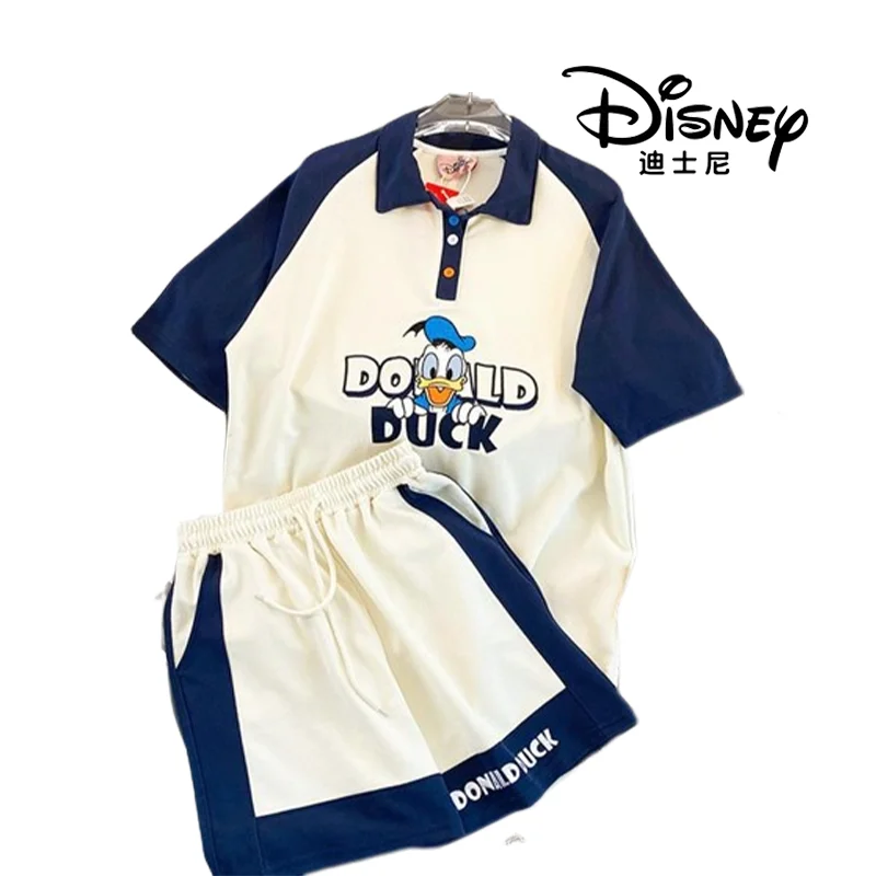 Disney Donald Duck Girls Polo Short Sleeve Set Summer 2023 Fashionable Student Casual Shorts Child Loungewear Clothes For 4-14y