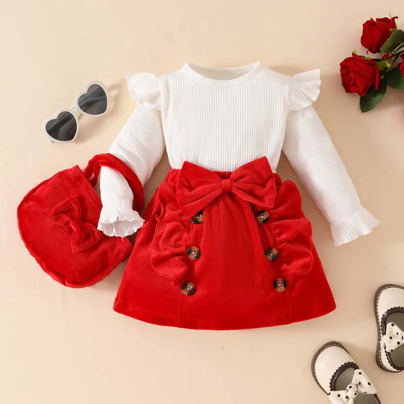 

Baby Girl Clothing 3Pcs Set Toddler Girls' Pit Stripe Long Sleeve Top Bow Corduroy Half Body Skirt Clutch Bag Infant Outfit 1-3Y