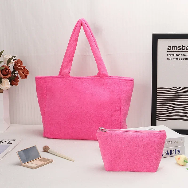 2024 New Terry Cosmetic Bag Large Capacity High Aesthetic Portable Pink Tote Bag Handbag Fashionable Women's