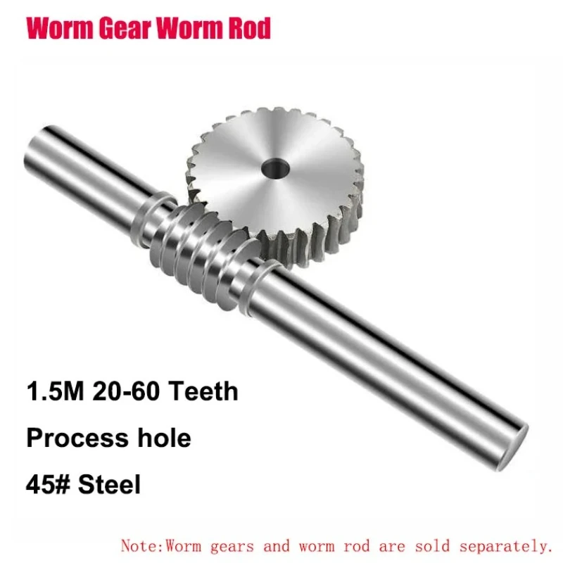 1Pcs 1.5M 20T-60T Worm Gear Wheel Worm Rod 45# Steel 1.5 Modulus 20 Teeth-60 Teeth Worm Gear Process Hole