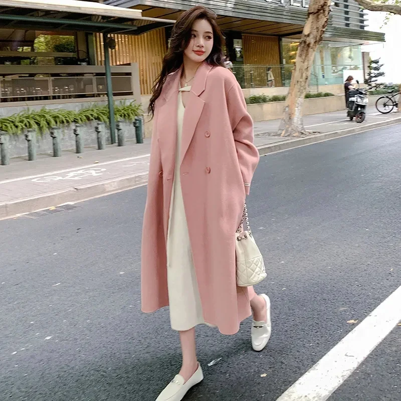 Women Double Sded Cashmere Woolen Jacket Autumn Winter Female Double Sided Velvet Coat 2024 Ladies Over The Knee Woolen Outwear