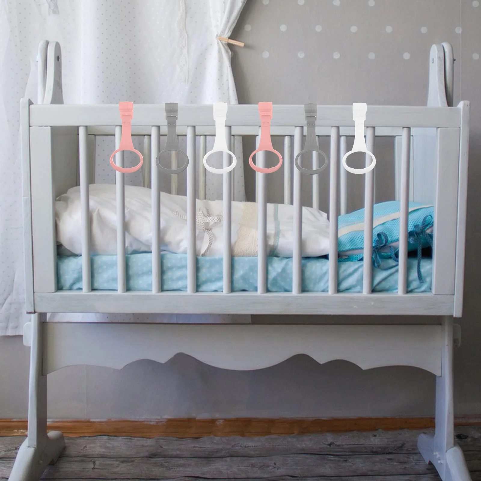 

6pcs Baby Pull Up Rings For Playpen Crib Hanging Infant Stand Up Aid Tool Toddler Hand Grip Motor Skill