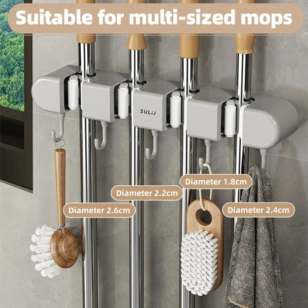 Broom Mop Holder Wall Mounted Kitchen Household Mop Holder Strong Snap Fastener Mop Clamp Multipurpose Bathroom Organizer