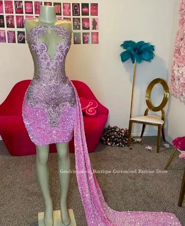 Luxury Pink Diamante Short Prom Cocktail Dress 2024 Elegant Inlaid Sequins With Side Train שמלה סקסית לארוע לערב אמא של כלה כלה