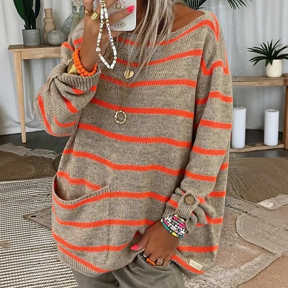

Women's Long Sleeve round Neck Pocket Stripes Loose Fit Autumn Sweaters Comfortable Style