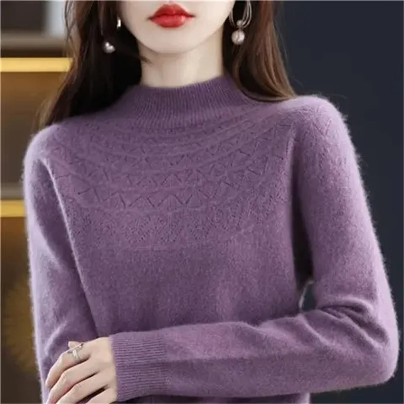 New Cashmere Sweater Autumn Winter 100% Pure Wool Women\'s Bottoming Shirts Knitted Pullover Hollowed-out Knitwear Soft Jumpers