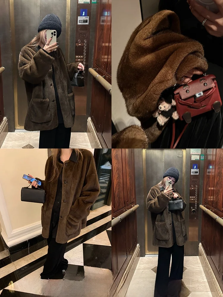 Xzichic Złoty Futro z Norek Okrągły Kołnierz Ekologiczna Imitacja Futra Królika Wodnego Płaszcz Damski Ciepła Odzież Wierzchnia Długi Krój Koreański Styl