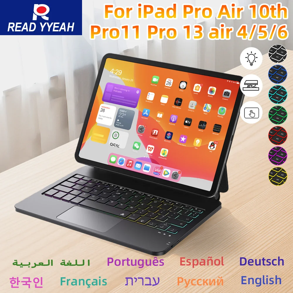 

Новая беспроводная Bluetooth-клавиатура с подсветкой для iPad A16, чехол для iPad Air 6 M2 2025, iPad Air 4/5, Pro 11/12.9 дюймов, чехол для планшета, испанский язык