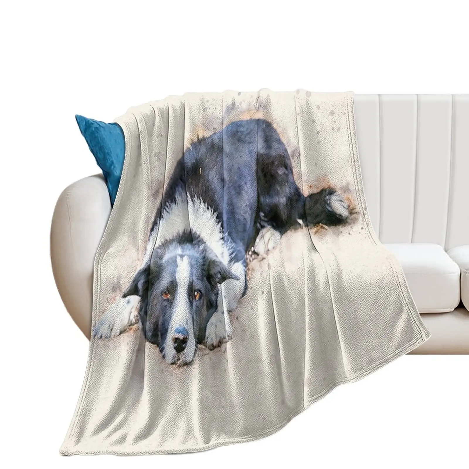 Cute Border Collie Lying on Ground Watercolor Throw Blanket Heavy Flannel Fabric Beautifuls Blankets